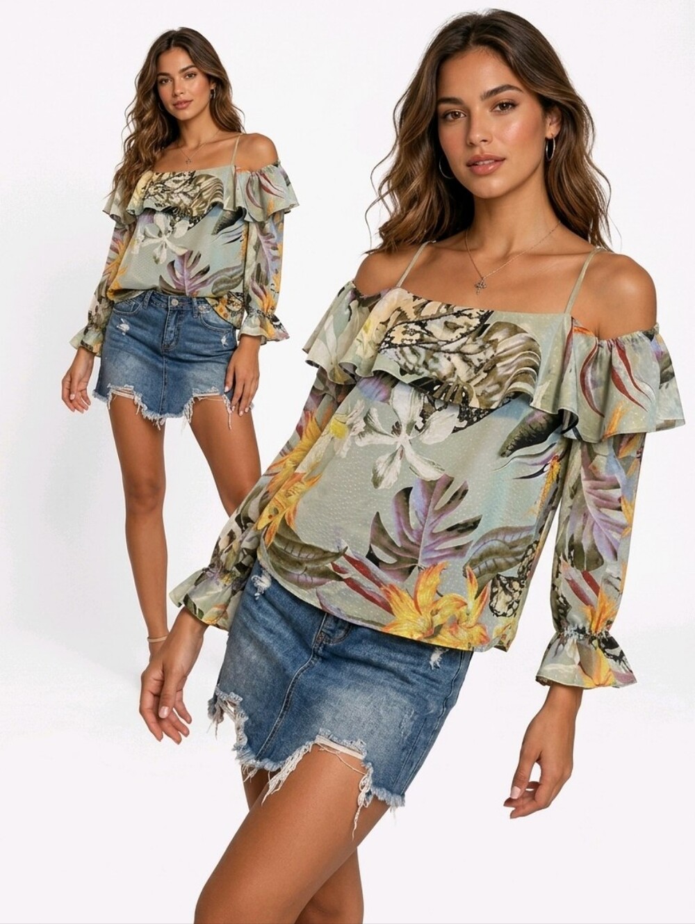 Guess Sage Green Floral Off-Shoulder Ruffle Camisole
